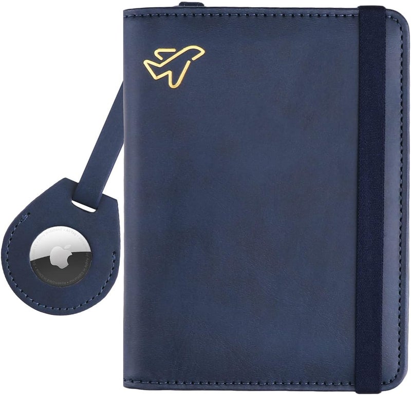 WALNEW AirTag Passport Holder, PU Leather Airtag Wallet RFID Blocking Passport Cover Travel Essentials Case for Women Men (Navy Blue) - Image 1